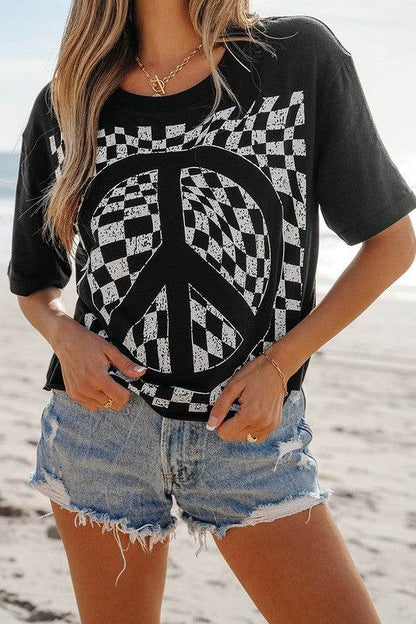Checkerboard Peace Sign Printed Round Neck T Shirt - Shop Style & More | Fresh Looks, Everyday Deals & Free Shipping