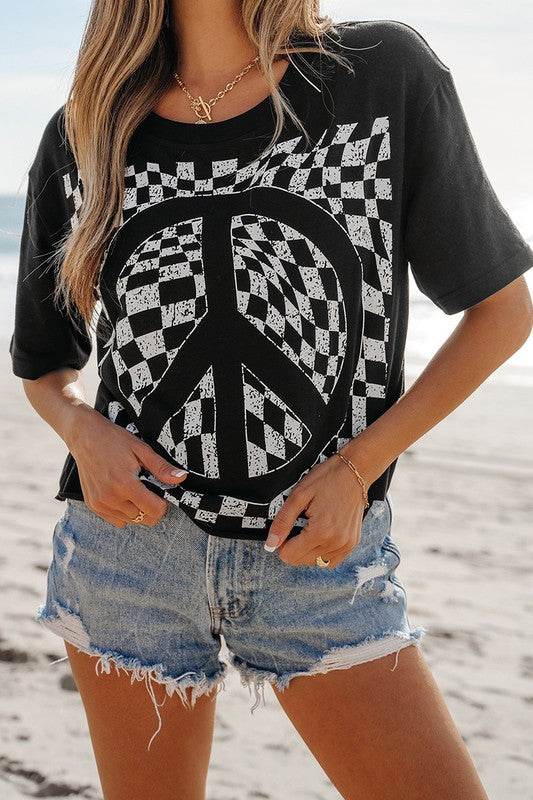 Checkerboard Peace Sign Printed Round Neck T Shirt - Shop Style & More | Fresh Looks, Everyday Deals & Free Shipping