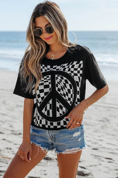 Checkerboard Peace Sign Printed Round Neck T Shirt - Shop Style & More | Fresh Looks, Everyday Deals & Free Shipping