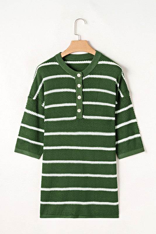 Stripe Drop Shoulder Oversized Henley Knit Tee - Shop Style & More | Fresh Looks, Everyday Deals & Free Shipping
