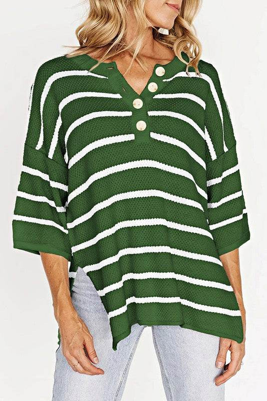 Stripe Drop Shoulder Oversized Henley Knit Tee - Shop Style & More | Fresh Looks, Everyday Deals & Free Shipping
