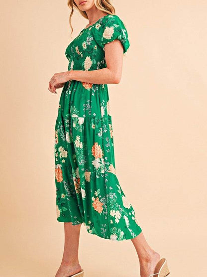 Green Floral Bubble Smocked Tiered Midi Dress - Shop Style & More | Fresh Looks, Everyday Deals & Free Shipping