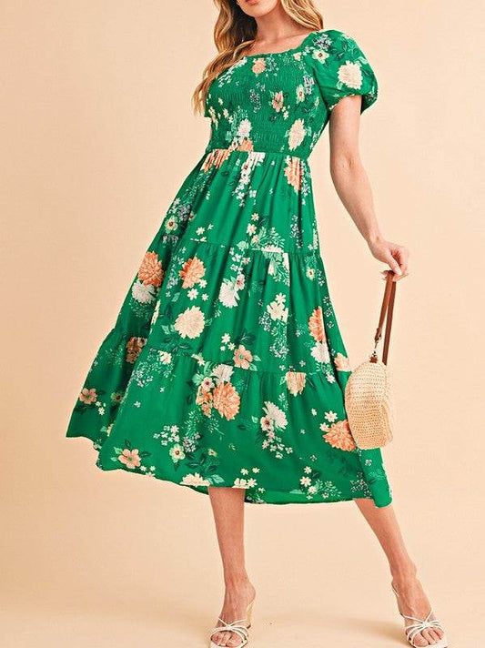 Green Floral Bubble Smocked Tiered Midi Dress - Shop Style & More | Fresh Looks, Everyday Deals & Free Shipping