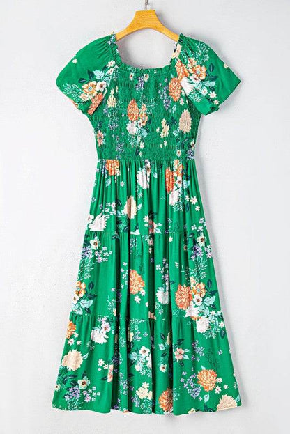 Green Floral Bubble Smocked Tiered Midi Dress - Shop Style & More | Fresh Looks, Everyday Deals & Free Shipping