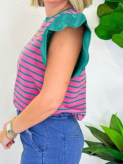 Pink Stripe Colorblock Ruffled Cotton Blouse Top - Shop Style & More | Fresh Looks, Everyday Deals & Free Shipping