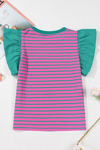 Pink Stripe Colorblock Ruffled Cotton Blouse Top - Shop Style & More | Fresh Looks, Everyday Deals & Free Shipping