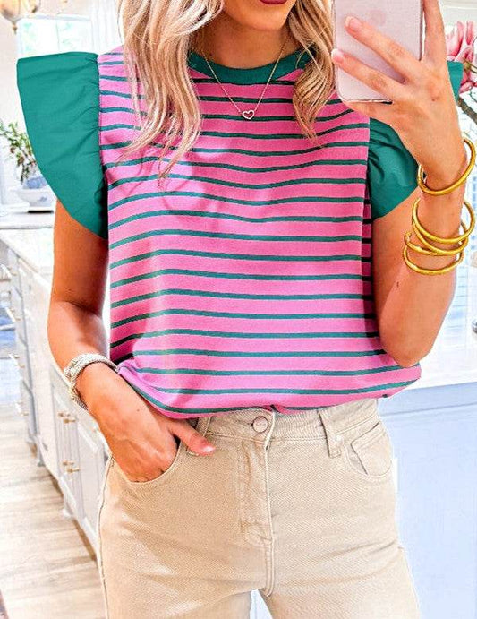 Pink Stripe Colorblock Ruffled Cotton Blouse Top - Shop Style & More | Fresh Looks, Everyday Deals & Free Shipping