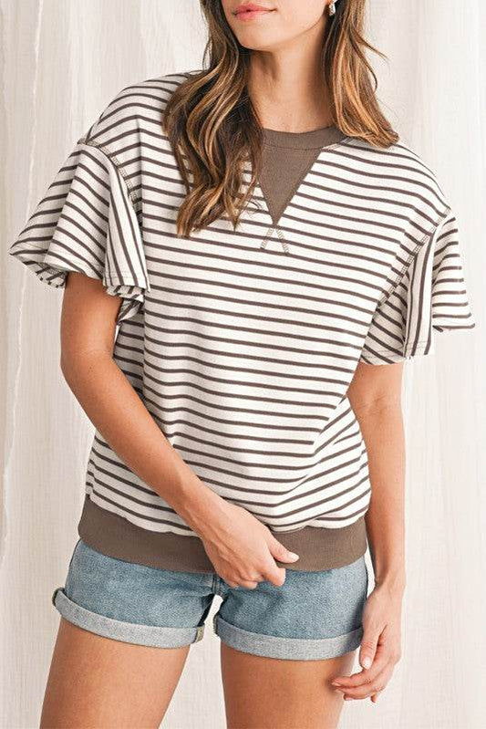 Striped Ruffle Sleeve Round Neck Cotton Top - Shop Style & More | Fresh Looks, Everyday Deals & Free Shipping