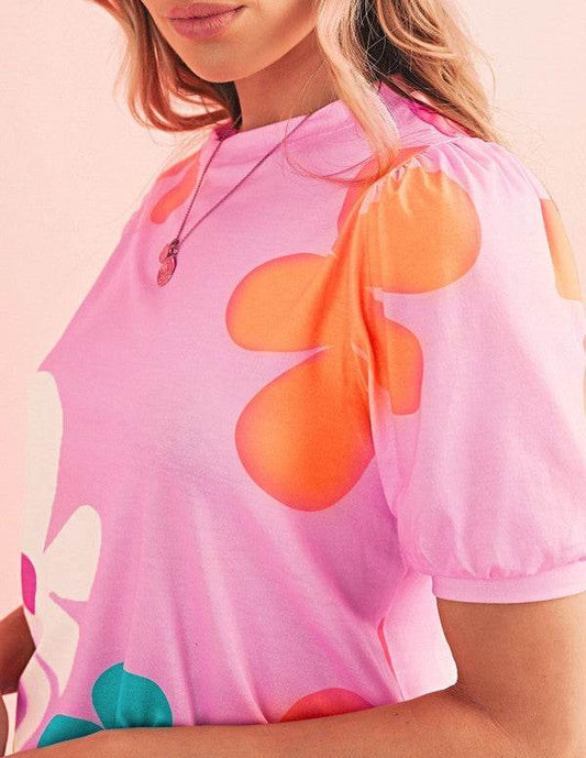 Colorful Flower Print Bubble Sleeve Tee Top - Shop Style & More | Fresh Looks, Everyday Deals & Free Shipping