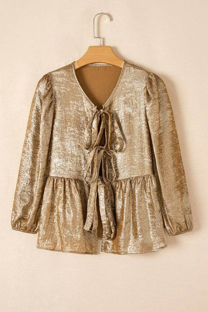 Bow Tie Front Puff 3/4 Sleeve Ruffle Hem Blouse - Shop Style & More | Fresh Looks, Everyday Deals & Free Shipping