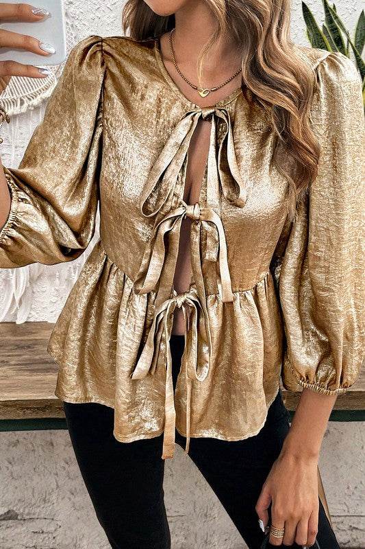 Bow Tie Front Puff 3/4 Sleeve Ruffle Hem Blouse - Shop Style & More | Fresh Looks, Everyday Deals & Free Shipping