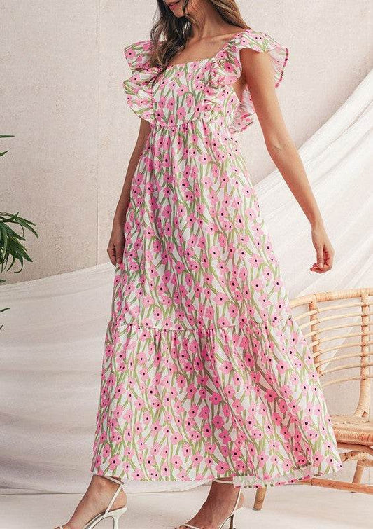 Pink Floral Square Neck Ruffled Strap Maxi Dress - Shop Style & More | Fresh Looks, Everyday Deals & Free Shipping