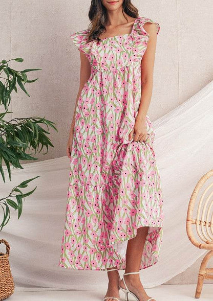 Pink Floral Square Neck Ruffled Strap Maxi Dress - Shop Style & More | Fresh Looks, Everyday Deals & Free Shipping