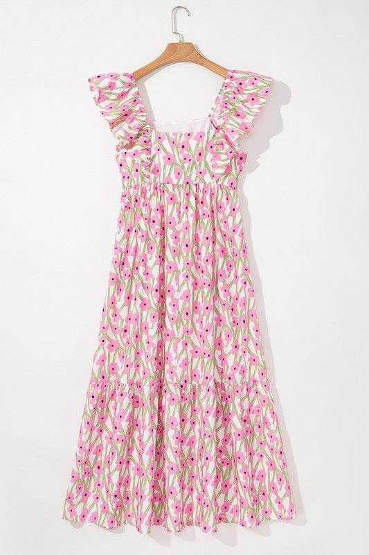 Pink Floral Square Neck Ruffled Strap Maxi Dress - Shop Style & More | Fresh Looks, Everyday Deals & Free Shipping