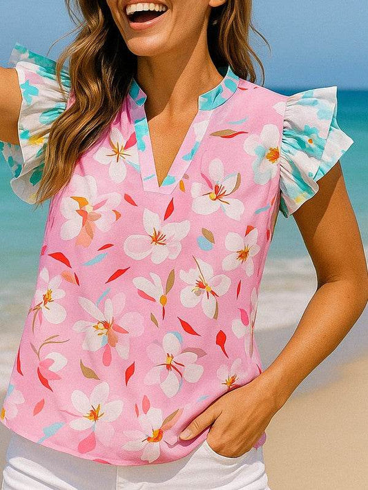 Floral Patchwork Frill Notched Neck Ruffle Blouse - Shop Style & More | Fresh Looks, Everyday Deals & Free Shipping