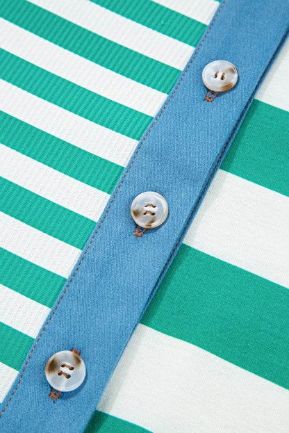 Green Stripe Color Collar Half Buttons T Shirt Top - Shop Style & More | Fresh Looks, Everyday Deals & Free Shipping