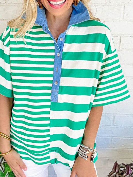 Green Stripe Color Collar Half Buttons T Shirt Top - Shop Style & More | Fresh Looks, Everyday Deals & Free Shipping