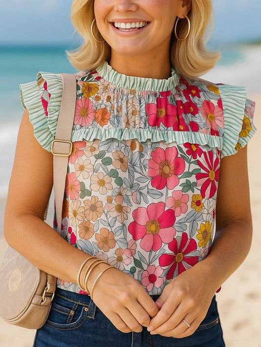 Pink Floral Ruffle Trim Pleated Panel Boho Blouse - Shop Style & More | Fresh Looks, Everyday Deals & Free Shipping