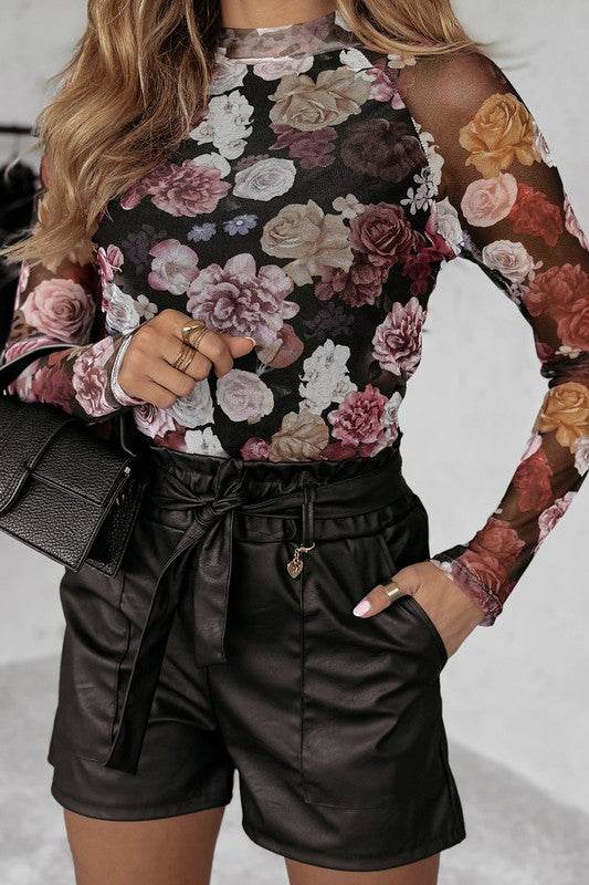 Mesh Floral Print Mock Neck Long Sleeve Slim Top - Shop Style & More | Fresh Looks, Everyday Deals & Free Shipping