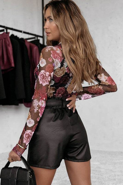 Mesh Floral Print Mock Neck Long Sleeve Slim Top - Shop Style & More | Fresh Looks, Everyday Deals & Free Shipping