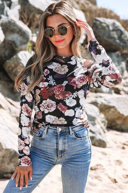 Mesh Floral Print Mock Neck Long Sleeve Slim Top - Shop Style & More | Fresh Looks, Everyday Deals & Free Shipping