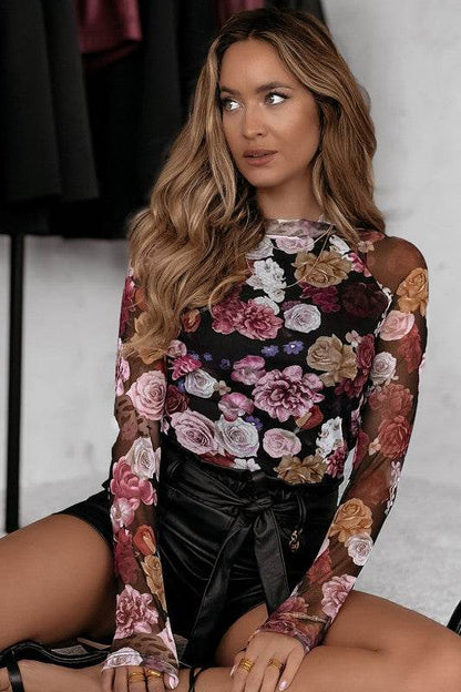 Mesh Floral Print Mock Neck Long Sleeve Slim Top - Shop Style & More | Fresh Looks, Everyday Deals & Free Shipping