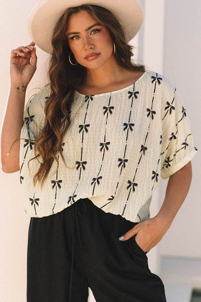 Bow Print Puff Short Sleeve Top - Shop Style & More | Fresh Looks, Everyday Deals & Free Shipping