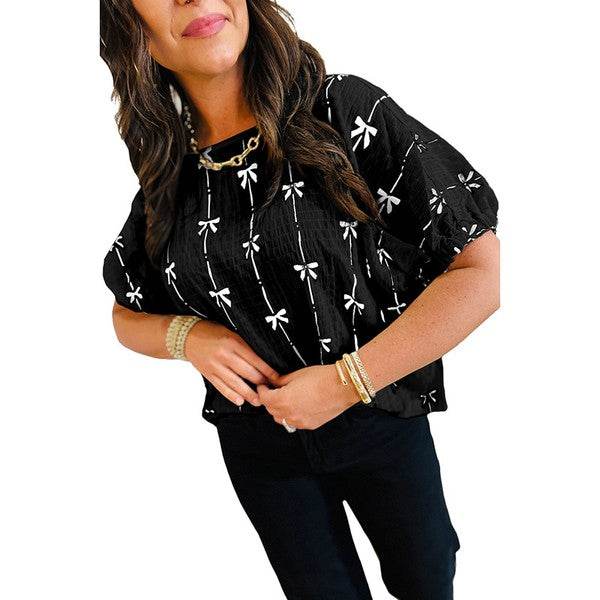 Bow Print Puff Short Sleeve Top - Shop Style & More | Fresh Looks, Everyday Deals & Free Shipping