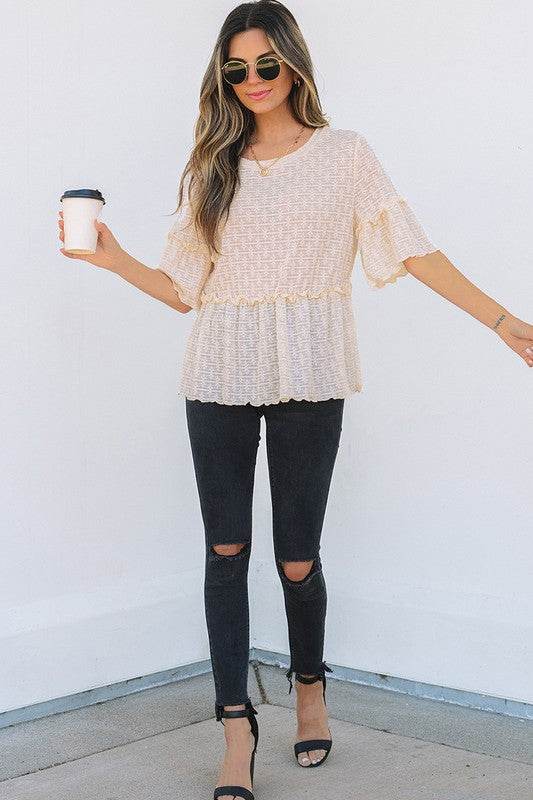 Beige Solid Color Ruffled Short Sleeve Blouse - Shop Style & More | Fresh Looks, Everyday Deals & Free Shipping