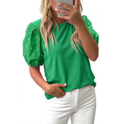 Ribbed Pearl Beaded Puff Sleeve Top - Shop Style & More | Fresh Looks, Everyday Deals & Free Shipping