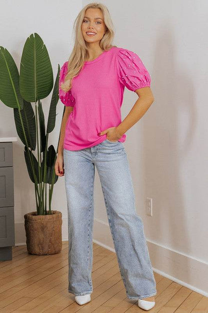 Ribbed Pearl Beaded Puff Sleeve Top - Shop Style & More | Fresh Looks, Everyday Deals & Free Shipping