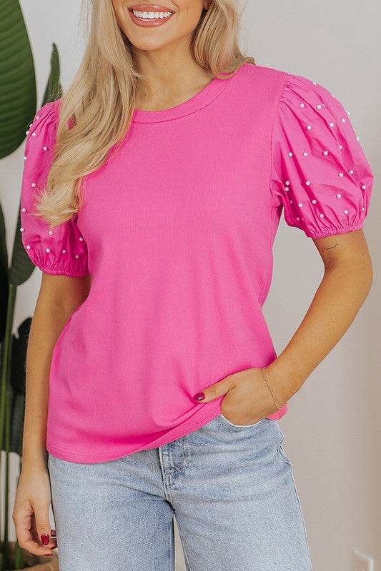 Ribbed Pearl Beaded Puff Sleeve Top - Shop Style & More | Fresh Looks, Everyday Deals & Free Shipping
