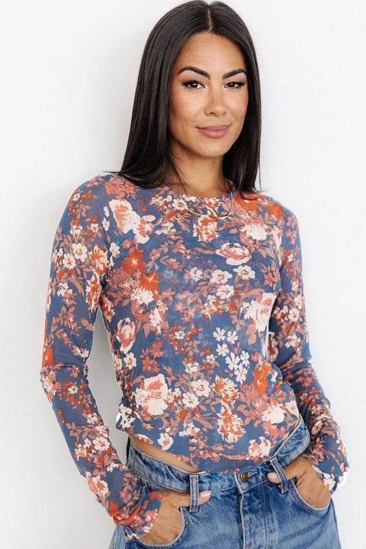 Floral Print Mesh Fitted Long Sleeve Top - Shop Style & More | Fresh Looks, Everyday Deals & Free Shipping