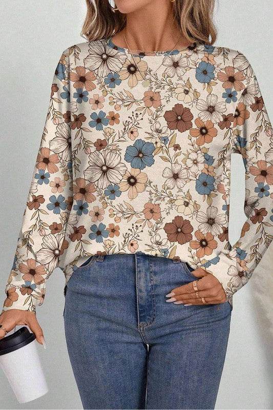 Floral Print Loose Crew Neck Long Sleeve T Shirt - Shop Style & More | Fresh Looks, Everyday Deals & Free Shipping