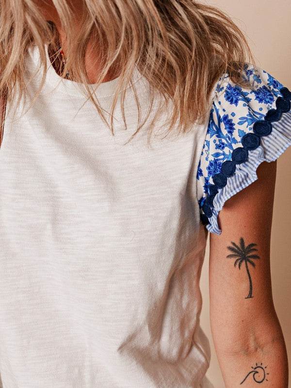 Cotton Floral Striped Wavy Flutter Sleeve Blouse - Shop Style & More | Fresh Looks, Everyday Deals & Free Shipping