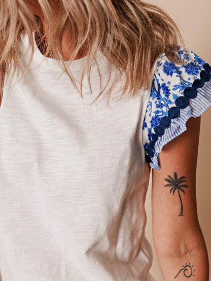 Cotton Floral Striped Wavy Flutter Sleeve Blouse - Shop Style & More | Fresh Looks, Everyday Deals & Free Shipping