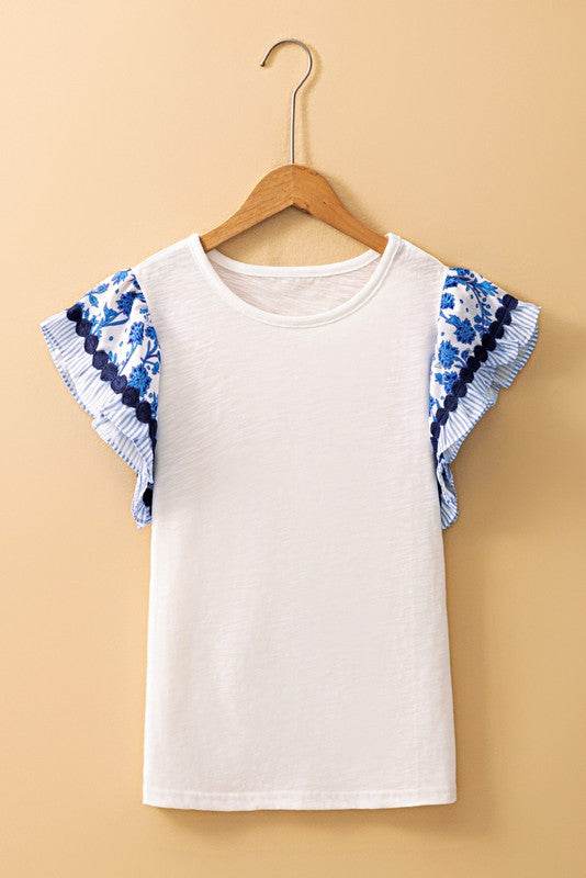 Cotton Floral Striped Wavy Flutter Sleeve Blouse - Shop Style & More | Fresh Looks, Everyday Deals & Free Shipping