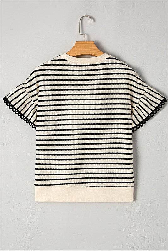 Cotton Stripe Scallop Lace Ruffle Sleeves Top - Shop Style & More | Fresh Looks, Everyday Deals & Free Shipping