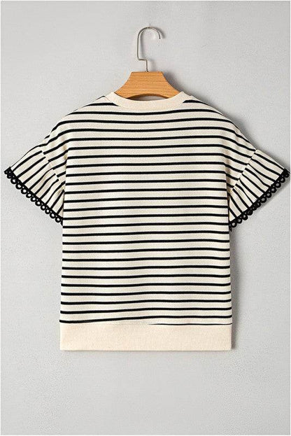 Cotton Stripe Scallop Lace Ruffle Sleeves Top - Shop Style & More | Fresh Looks, Everyday Deals & Free Shipping