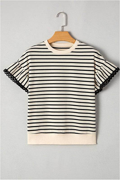 Cotton Stripe Scallop Lace Ruffle Sleeves Top - Shop Style & More | Fresh Looks, Everyday Deals & Free Shipping