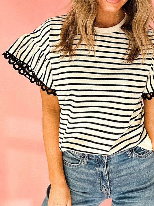 Cotton Stripe Scallop Lace Ruffle Sleeves Top - Shop Style & More | Fresh Looks, Everyday Deals & Free Shipping