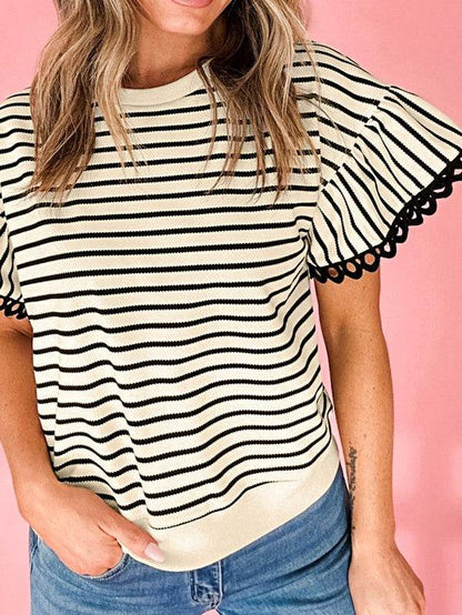 Cotton Stripe Scallop Lace Ruffle Sleeves Top - Shop Style & More | Fresh Looks, Everyday Deals & Free Shipping