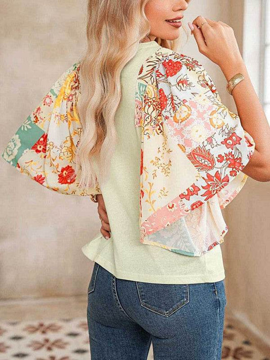 Cotton Beige Floral Patchwork Angel Sleeve Blouse - Shop Style & More | Fresh Looks, Everyday Deals & Free Shipping