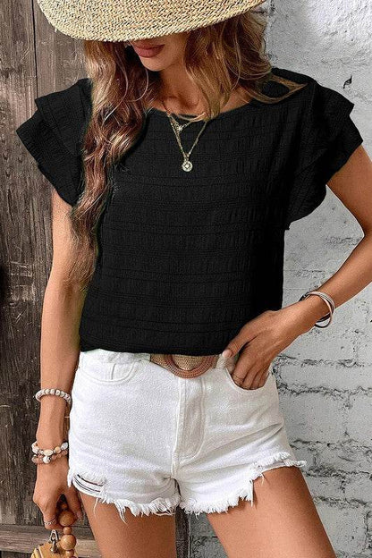 Textured Ruffled Sleeve Round Neck Top - Shop Style & More | Fresh Looks, Everyday Deals & Free Shipping