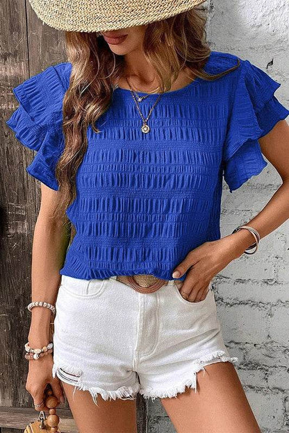 Textured Ruffled Sleeve Round Neck Top - Shop Style & More | Fresh Looks, Everyday Deals & Free Shipping