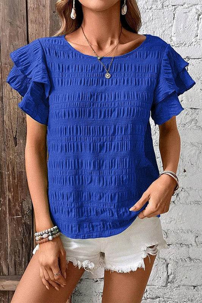 Textured Ruffled Sleeve Round Neck Top - Shop Style & More | Fresh Looks, Everyday Deals & Free Shipping