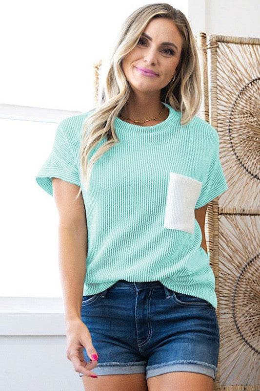 Corded Knit Color Block Pocketed Crew Neck T Shirt - Shop Style & More | Fresh Looks, Everyday Deals & Free Shipping