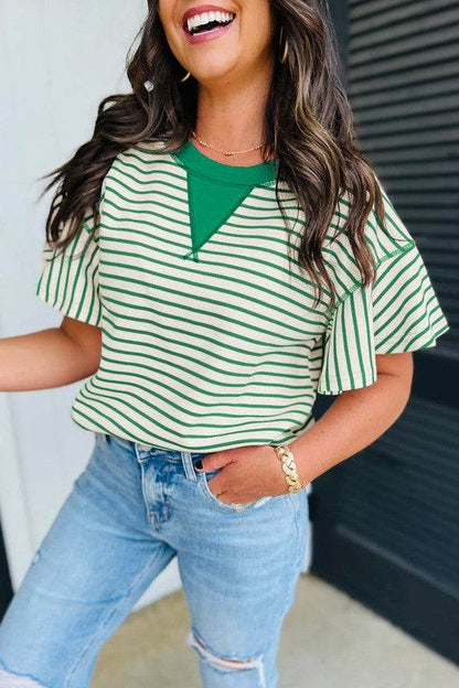 Contrast Detail Striped Ruffle Short Sleeve Top - Shop Style & More | Fresh Looks, Everyday Deals & Free Shipping