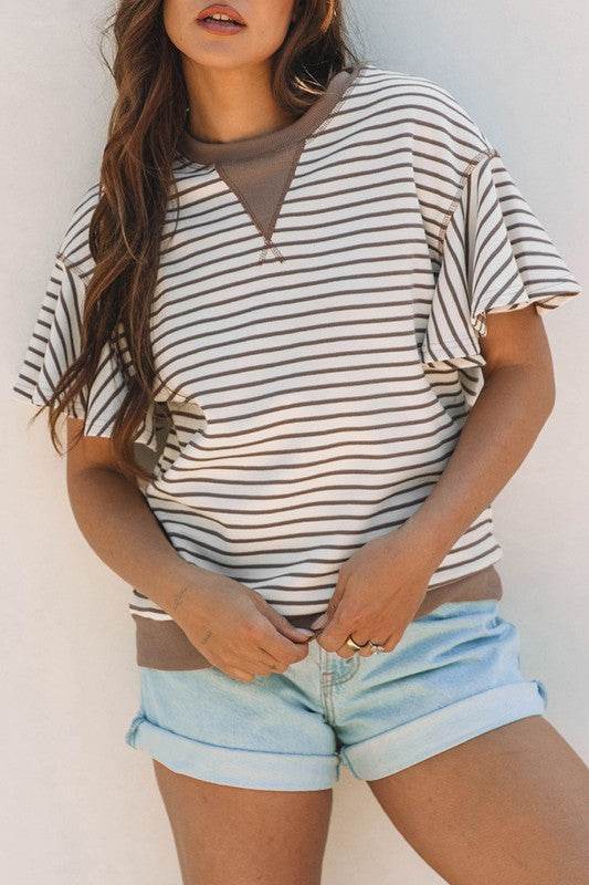 Contrast Detail Striped Ruffle Short Sleeve Top - Shop Style & More | Fresh Looks, Everyday Deals & Free Shipping