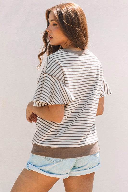 Contrast Detail Striped Ruffle Short Sleeve Top - Shop Style & More | Fresh Looks, Everyday Deals & Free Shipping